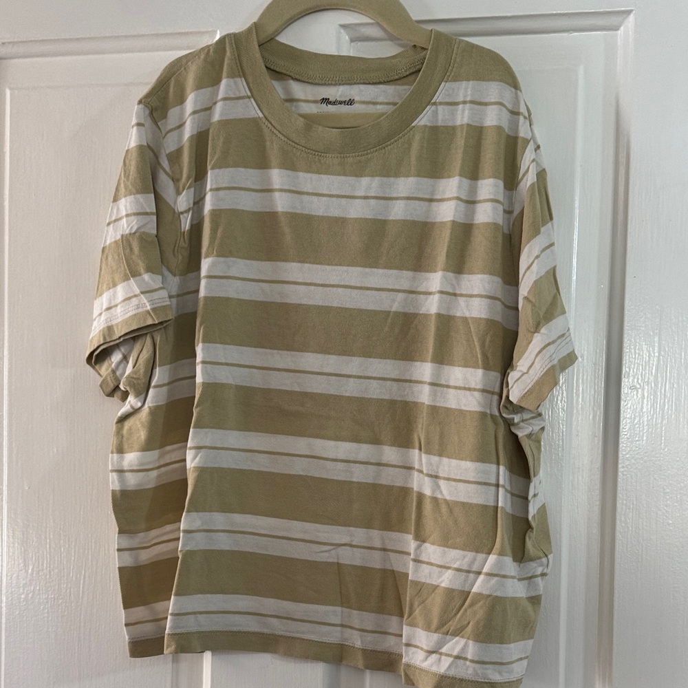 Madewell Beige and White Striped Short Sleeve Boxy Crop Tee